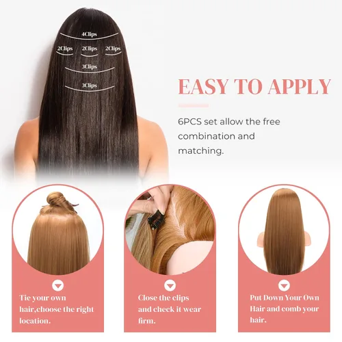 Miniatura 5 de LONAI 6 extensiones de cabello con clip, 24 pulgadas de largo, lacio, sintético, postizo para mujer, rubio ceniza natural