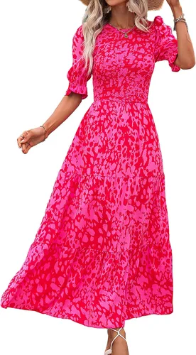 Miniatura 69 de BTFBM Vestidos para mujer, cuello redondo, casual, de verano, con volantes, manga corta, bohemio, con niveles, fruncido, largo, con estampado floral