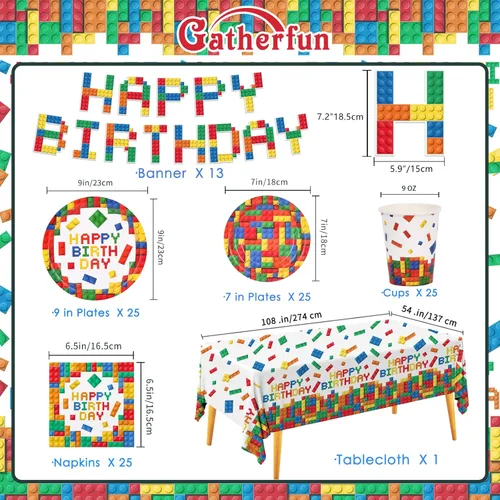 Miniatura 4 de Bloque de construcción, suministros de fiesta, platos de papel, servilletas, vasos, mantel, pancarta para bloques de construcción coloridos