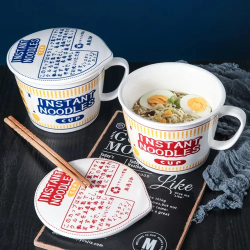Miniatura 3 de Tazones de ramen con tapa y asa, lindos tazones de fideos instantáneos para ramen, juegos de cuencos grandes de cerámica con tenedor, regalo para 2