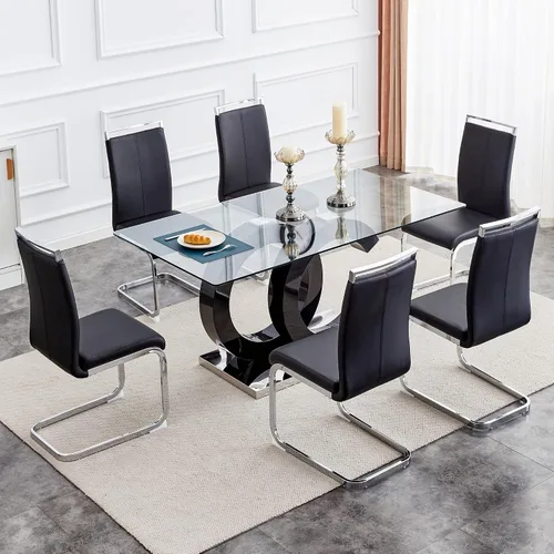 Miniatura 3 de Juego de mesa de comedor Ebullient para 6, juego de mesa de comedor de 7 piezas, tapa de mesa de cristal templado, mesa moderna de comedor con 6