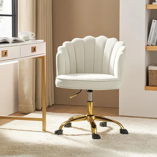 Miniatura 8 de HULALA HOME Silla de escritorio de terciopelo para oficina en casa con base dorada, silla giratoria ajustable para tocador, diseño moderno y bonito