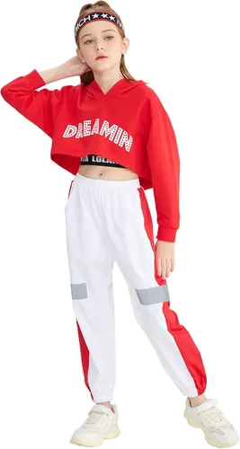 Miniatura 6 de LOLANTA Conjunto de 3 piezas para niñas, sudadera corta con capucha y pantalones deportivos, hip hop, jazz, danza callejera, monopatín