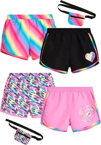 dELiA*s Pantalones cortos deportivos para niña, paquete de 4 pantalones cortos deportivos para correr con riñonera (7-16)