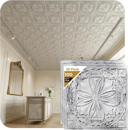 Miniatura 19 de from Plain to Beautiful in Hours DCT10at-24x24 Milan - Azulejo de techo de PVC de 2' x 2' para pegar o colocar (Caja / 4 pies cuadrados), Taupe