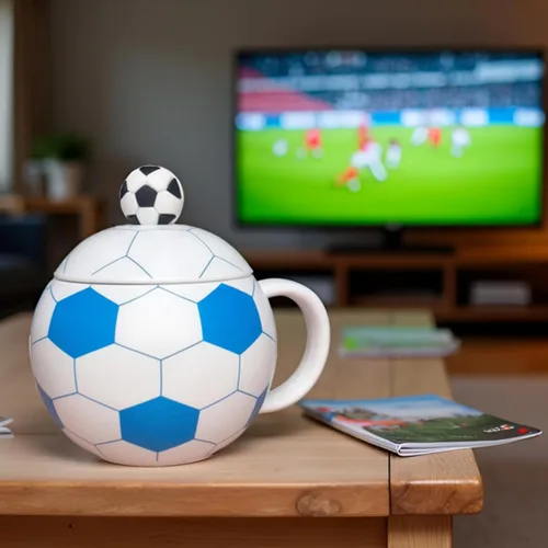 Miniatura 2 de Taza de fútbol de cerámica de 13.5 onzas, tazas de fútbol para té caliente, capuchino, moca, cacao, blanco para el día de Navidad (azul)