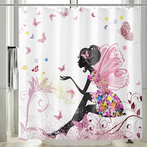 Miniatura 4 de Juego de 4 cortinas de ducha con diseño de hada de flores y mariposas para baño, tapete de contorno para baño, cubierta de inodoro, tela