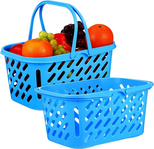 Cabilock - Cesta de compras de plástico con asa, paquete de 2 cestas pequeñas de comestibles azul lago de 12.00 x 8.07 x 5.70 pulgadas, contenedores