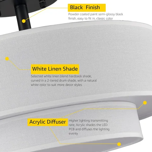 Miniatura 5 de DAYCENT Lámpara de Techo Semiempotrada de Tambor Negro Estilo Granja Moderno Regulable Lámpara LED de Techo 30W 3000K/4500K/5500K Pantalla de Tambor
