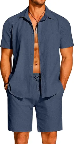 Miniatura 25 de COOFANDY Conjunto de 2 piezas de algodón y lino para hombre, camisas de manga corta con botones, pantalones cortos de playa de verano, trajes