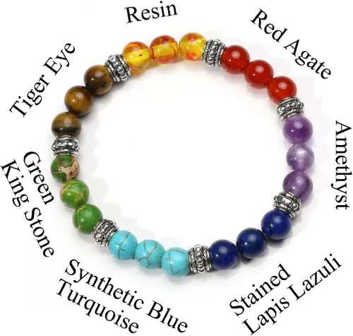 Miniatura 7 de Eigso Pulsera elástica de piedra de cristal de meditación curativa de 7 chakras para mujer con símbolo de loto, yoga, árbol, OM