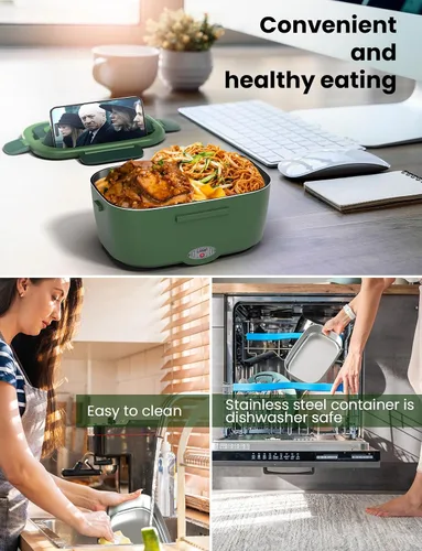 Miniatura 4 de Lonchera eléctrica para adultos, lonchera de 80 W con doble contenedor de acero inoxidable de 1.5 L, calentador de alimentos portátil con bolsa