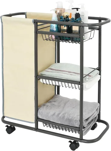 Cesta de lavandería con 3 cestas de almacenamiento y bolsa de 45 L, carrito de lavandería resistente con ruedas y asa, ahorro de espacio, Beige