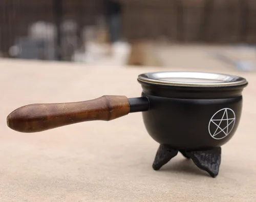 Miniatura 2 de Quemador de incienso de carbón de metal grande con mango de madera (Pentagrama)