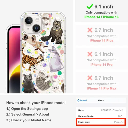 Miniatura 2 de MOSNOVO - Funda para iPhone 13/14, grado militar, probada en caídas de 6.6 pies, transparente con diseño de gato espacial Gato del espacio