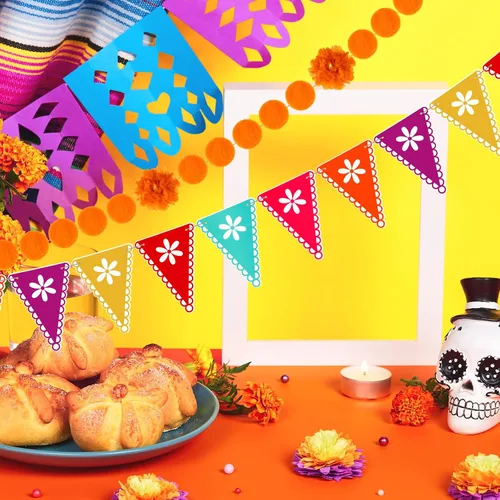 Miniatura 6 de Preboun 5 piezas de decoración de fiesta del Día de los Muertos, guirnalda de flores de caléndula de papel, pancarta de Picado, pancarta de fiesta