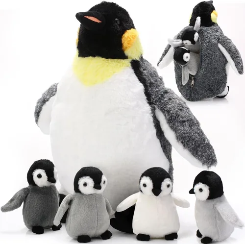 Miniatura 9 de Juego de 5 Juguetes de Peluche de Pingüino de 14 Pulgadas Pingüino Mamá Animal de Peluche con 4 Lindos Bebés en Vientre con Cremallera Peluche Suave