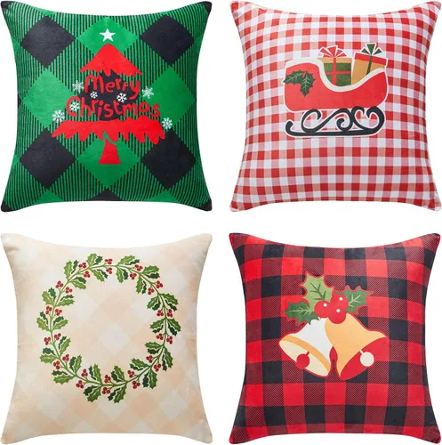 YIYEA Juego de 4 fundas de almohada de terciopelo de Navidad de 16 x 16 pulgadas, fundas de almohada de terciopelo para decoraciones navideñas,