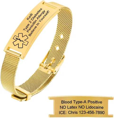 Miniatura 15 de Pulseras personalizadas de alerta médica para hombres, mujeres y niños, grabado gratuito, malla de acero inoxidable ajustable, pulsera