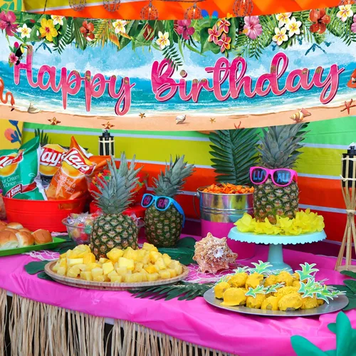 Miniatura 6 de Hawaiian Luau - Cartel de decoración de fiesta de cumpleaños, suministros de letrero de cumpleaños de flamenco tropical Aloha, fondo de fiesta Luau