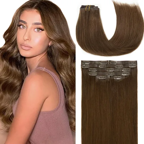 Miniatura 35 de Loxxy Extensiones de cabello humano con clip, sin costuras, 22 pulgadas, color marrón oscuro a castaño oscuro y marrón oscuro, 7 piezas