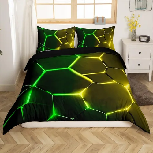 Miniatura 3 de Feelyou Juego de funda de edredón de panal de abeja, color verde y amarillo, juego de ropa de cama hexagonal para niños y niñas, funda de edredón