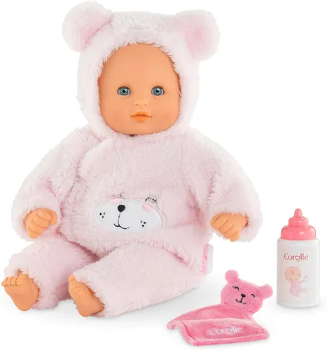 Corolle My First Baby Doll Oso de Peluche Abrazable - Muñeca bebé niño suave de 12" con aroma a vainilla, atuendo de oso rosado y ojos para dormir