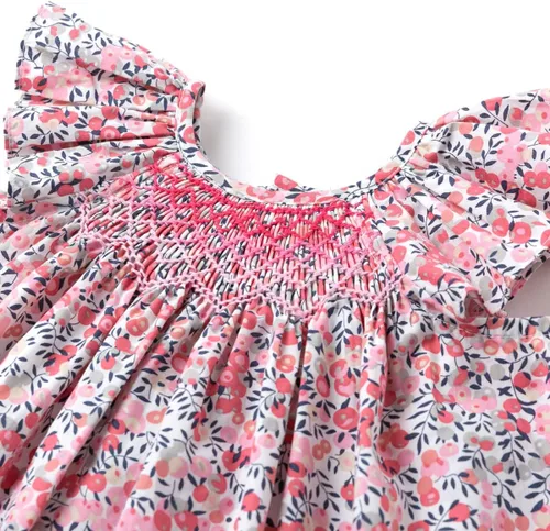 Miniatura 4 de Simplee kids Vestido fruncido de verano para niña, vestido casual de manga corta, estampado floral, vestido de princesa para niños pequeños