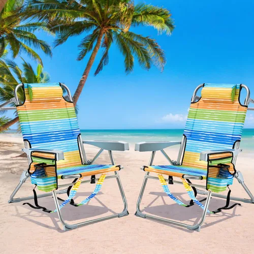 Miniatura 9 de GVDV Sillas de playa tipo mochila para adultos, silla plegable plana portátil con portavasos y toalleros, silla reclinable ajustable de 4 posiciones