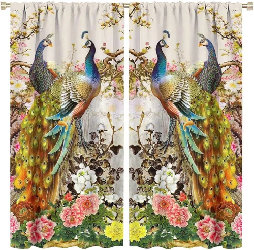 Miniatura 14 de Cortina opaca con estampado de pavo real, con estampado de animales retro, con bolsillo para cortinero y flores de peonía doradas, para dormitorio