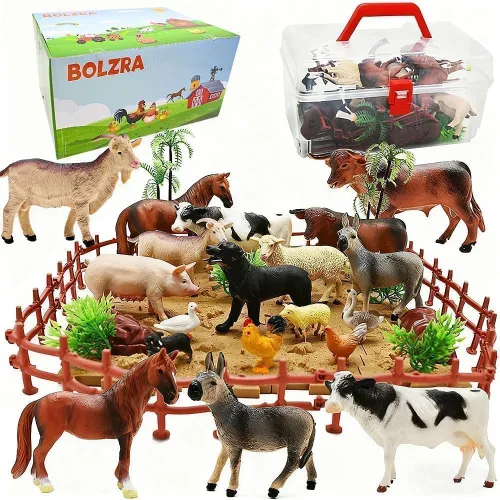 BOLZRA Figuras de animales de granja, juguetes realistas de animales de plástico con bloques de construcción de vallas, juego de figuras de granja,