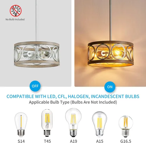 Miniatura 5 de XINGQI Lámpara de techo moderna de altura ajustable, lámpara colgante de níquel cepillado, grano de madera de metal de 13 pulgadas, luces redondas