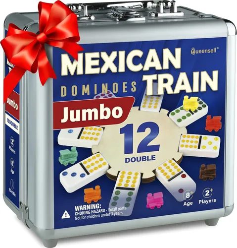 Queensell Juego de dominó de tren mexicano doble 12 – Juego de dominó jumbo para adultos, 91 azulejos con puntos coloridos, cubo de madera, tren y