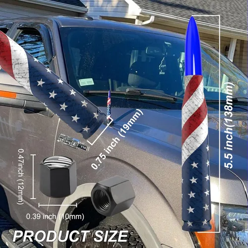 Miniatura 2 de Antena para Auto Camión con Tapas de Válvula de Neumático Bandera Americana Diseño Antirrobo, Reemplazo Corto Universal para Ford F150 F250 F350