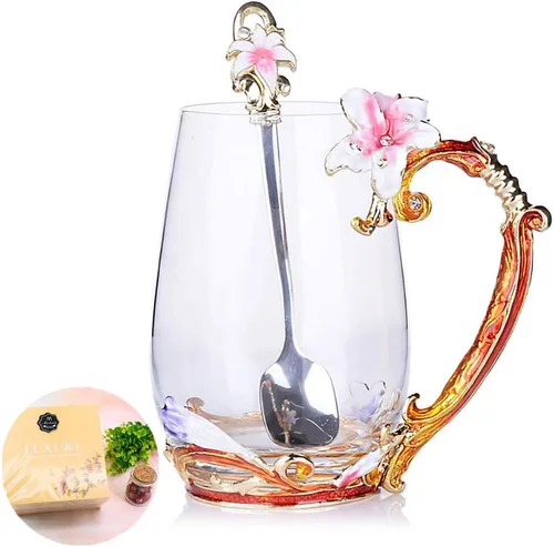 Taza de té, Regalos para el Día de la Madre, Tazas de café, Taza de té de cristal con flor de lirio, Ideas únicas personalizadas para regalos de