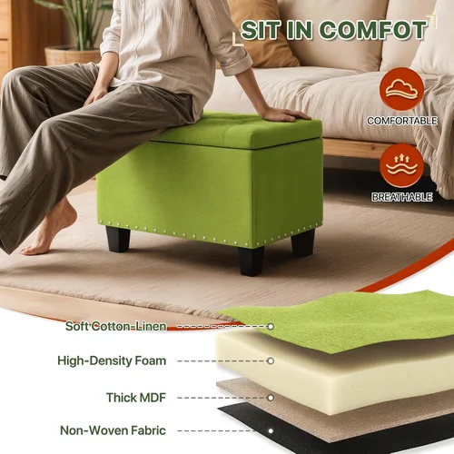 Miniatura 7 de MoNiBloom Banco otomano de 24 pulgadas con almacenamiento para dormitorio, banco contemporáneo de lino verde copetudo, reposapiés, taburete otomano