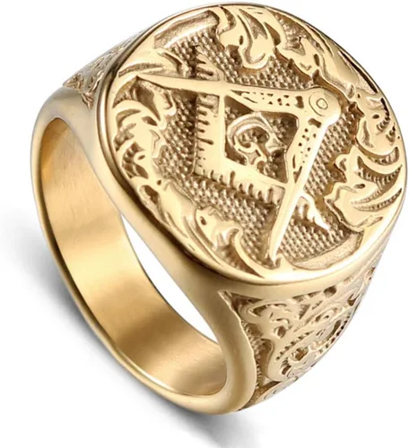 Miniatura 2 de IFUAQZ Anillos de acero inoxidable bañados en oro masónico masón para hombre, joyería clásica de Master Mason, Metal, Sin piedras preciosas