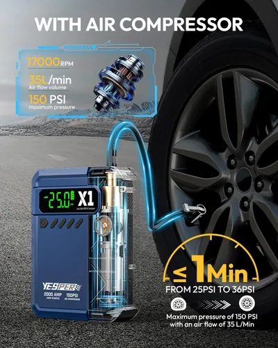 Miniatura 3 de YESPER Arrancador con Compresor de Aire 2000A 150PSI Arrancador de Batería Portátil (8L Gas/6L Diésel), Cargador de Batería de 12V Paquete