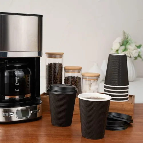 Miniatura 7 de Restaurantware Vasos de café desechables de doble pared de 8 onzas, 500 vasos de papel negro aislados con diseño de pared ondulada, las tapas se