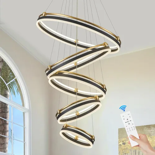 Miniatura 12 de Benkut Lámpara colgante LED moderna D24 pulgadas, color negro dorado, lámpara LED circular regulable, 1 anillo con control remoto, luz colgante