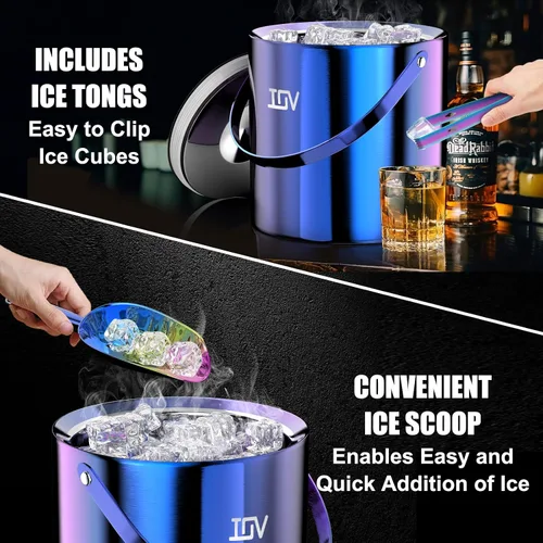 Miniatura 6 de IOV Cubo de hielo con tapa, cuchara, pinzas y colador, cubo de hielo aislado de doble pared de acero inoxidable de 3 L para fiestas, mantiene