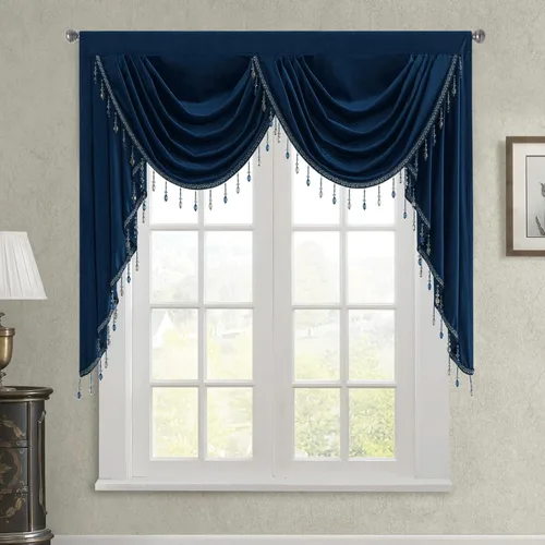 Miniatura 9 de StangH Cenefa de cortinas de terciopelo rojo con cuentas de lujo para dormitorio, cenefas gruesas de cascada con bolsillo para cortinero
