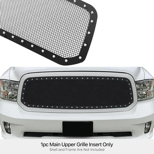 Miniatura 3 de APS Compatible con Ram 1500 2013-2018 y 19-21 Ram 1500 Classic Main Upper Acero inoxidable Negro Malla Remache Studs Front Grill Insert DL5986H