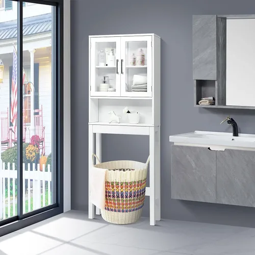 Miniatura 2 de WATERJOY Gabinete de almacenamiento sobre el inodoro, organizador de gabinete de baño con 2 puertas de vidrio templado Moru, estante para inodoro