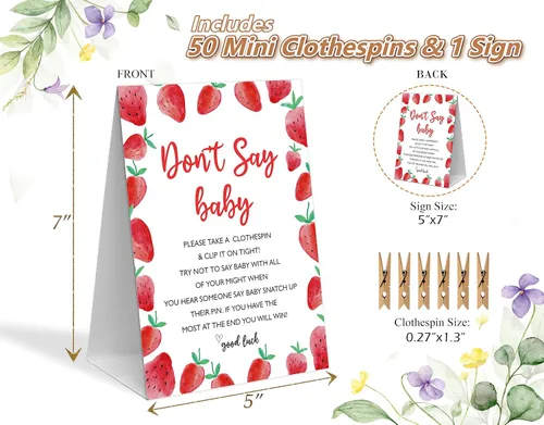 Miniatura 2 de Juego de pinzas para ropa de bebé, 1 letrero y 50 mini pinzas para la ropa, decoraciones de baby shower de fresa, juegos de baby shower