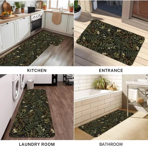 Miniatura 7 de Alfombras de Cocina Vintage Negras y Verdes Botánicas, Juego de 2 Alfombras de Cocina Antideslizantes Lavables, Tapetes de Cocina con Helechos