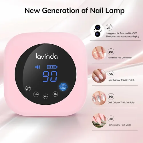 Miniatura 2 de Lavinda Lámpara de uñas LED UV de 54 W, luz de uñas de gel inalámbrica, lámpara UV recargable para uñas, secador de uñas LED profesional con rosado