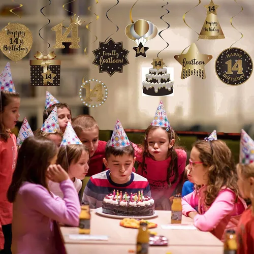 Miniatura 3 de Decoración de techo de remolinos colgantes para fiesta de cumpleaños número 14, celebración, 14 espirales colgantes de papel de aluminio