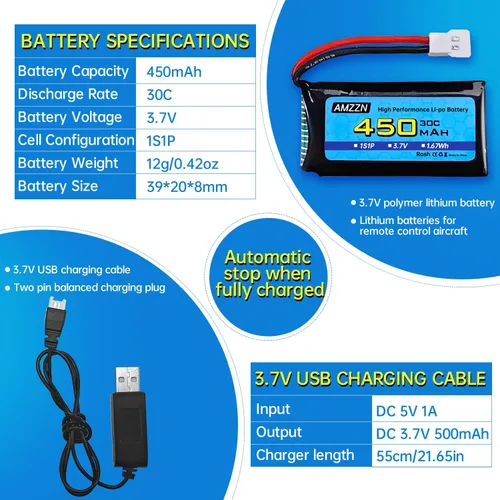 Miniatura 3 de 2 baterías Lipo de 3.7 V 450 mAh 30C con cable de carga USB, enchufe Molex compatible con la mayoría de drones RC, aviones de cuatro ejes y modelos