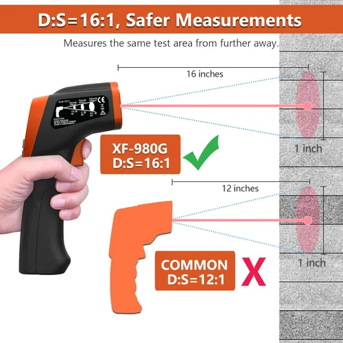 Miniatura 2 de Pistola de termómetro infrarrojo, pistola de temperatura térmica láser DS=16:1 para cocinar, horno de pizza, motor HVAC, pistola de temperatura